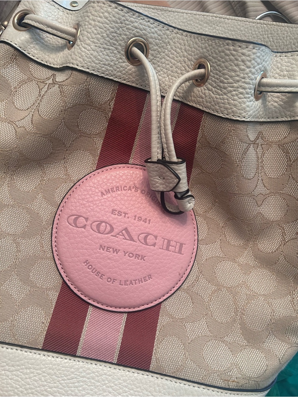 Like NEW Coach Pink & White Signature Canvas Drawstring Bucket Bag - Picture 5 of 6